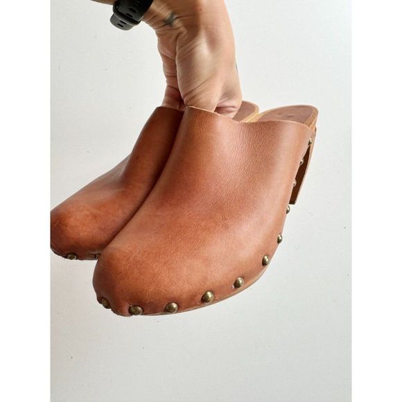 BOSABO Brown Leather Studded Wood Platform Heeled Clogs, Size 37 - Picture 7 of 15